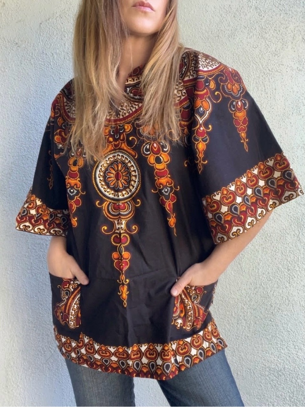 Vintage 70s DASHIKI by HATARI Ethnic Mandala Print BohoTunic Top Sz M